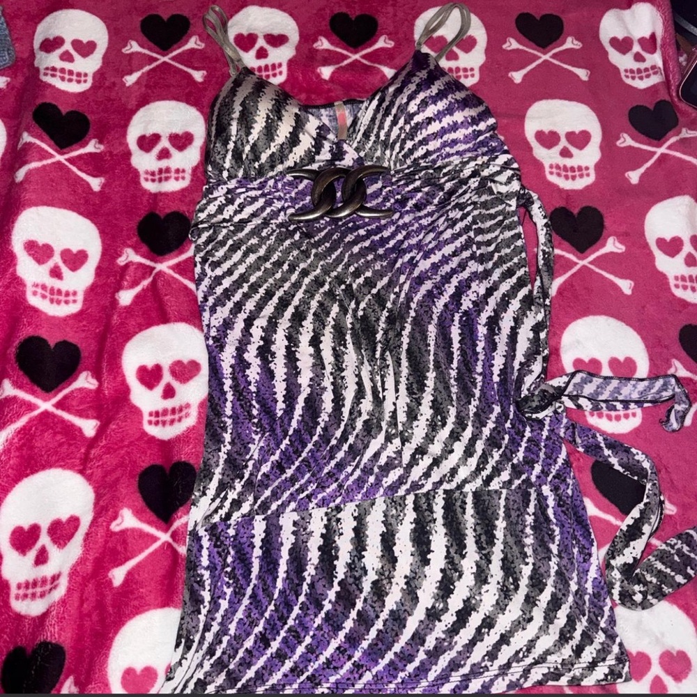 Zebra Print Slip top with Decorative Buckle - Black, White, Purple